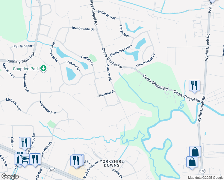 map of restaurants, bars, coffee shops, grocery stores, and more near 100 Pawpaw Place in Yorktown