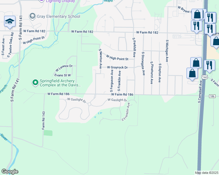 map of restaurants, bars, coffee shops, grocery stores, and more near 5759 South Ferguson Avenue in Springfield
