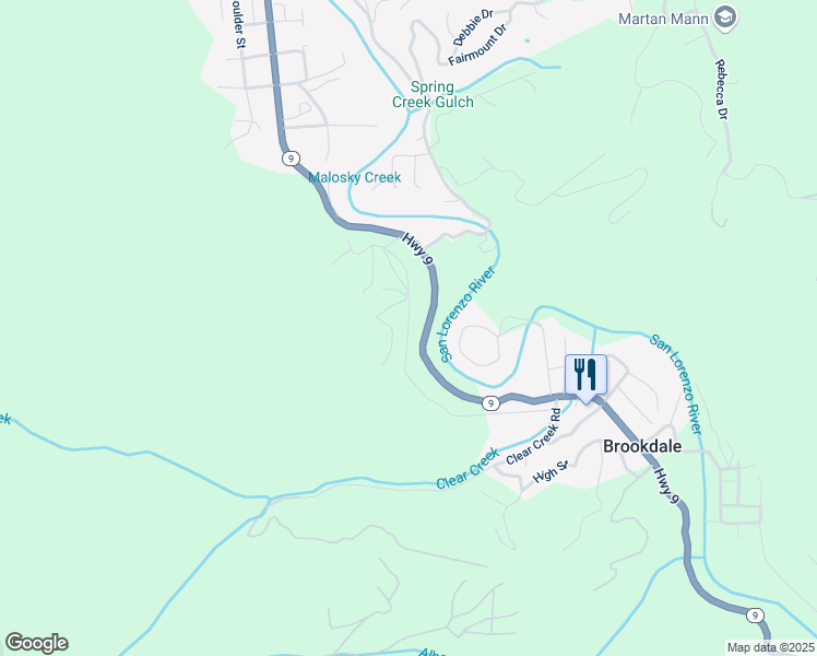 map of restaurants, bars, coffee shops, grocery stores, and more near Alta Via Drive in Boulder Creek