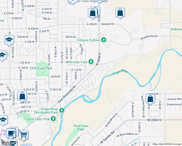 map of restaurants, bars, coffee shops, grocery stores, and more near 2990 East Riverside Drive in St. George