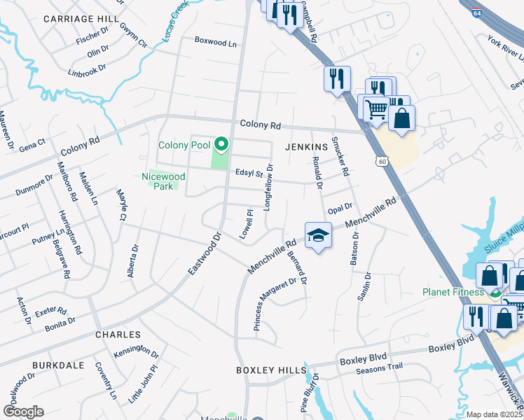 map of restaurants, bars, coffee shops, grocery stores, and more near 142 Longfellow Drive in Newport News