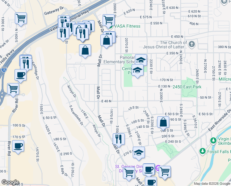 map of restaurants, bars, coffee shops, grocery stores, and more near 91 North 2000 East in St. George