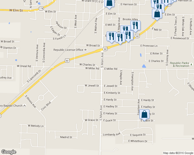 map of restaurants, bars, coffee shops, grocery stores, and more near 662 Rilynn Avenue in Republic