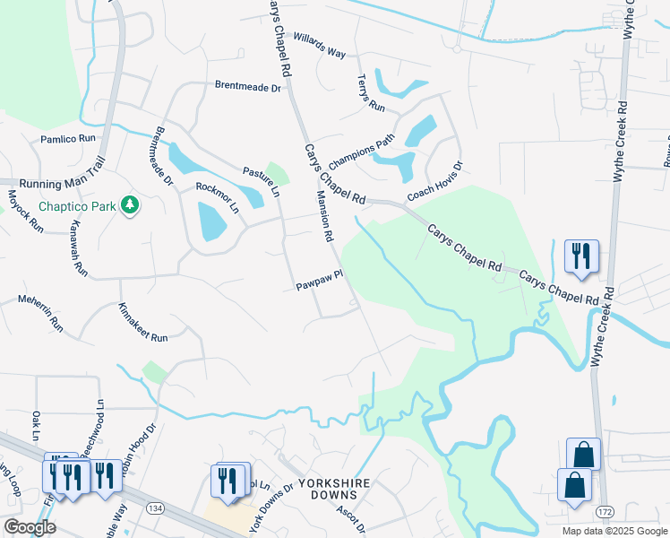 map of restaurants, bars, coffee shops, grocery stores, and more near 100 Pawpaw Place in Yorktown