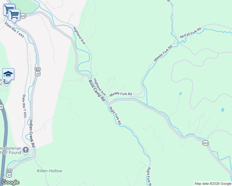 map of restaurants, bars, coffee shops, grocery stores, and more near 10815-10817 Meade Fork Road in Pound