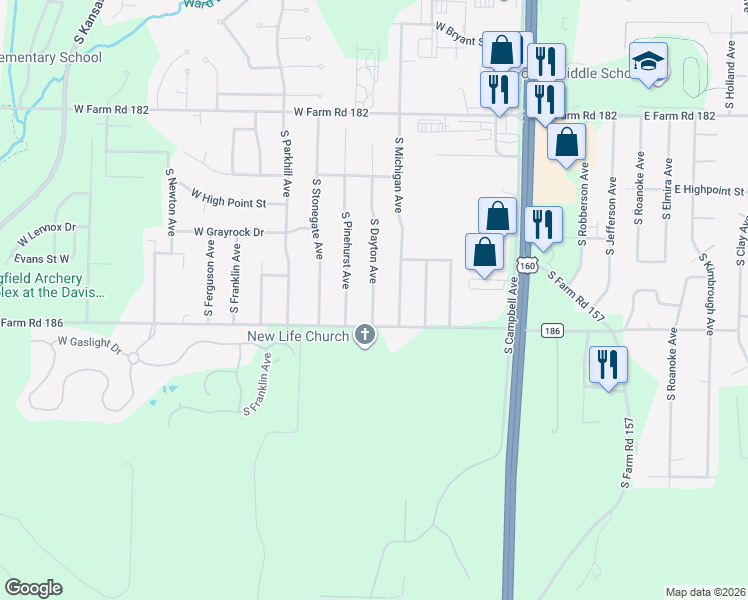 map of restaurants, bars, coffee shops, grocery stores, and more near 5748 South Dayton Avenue in Springfield