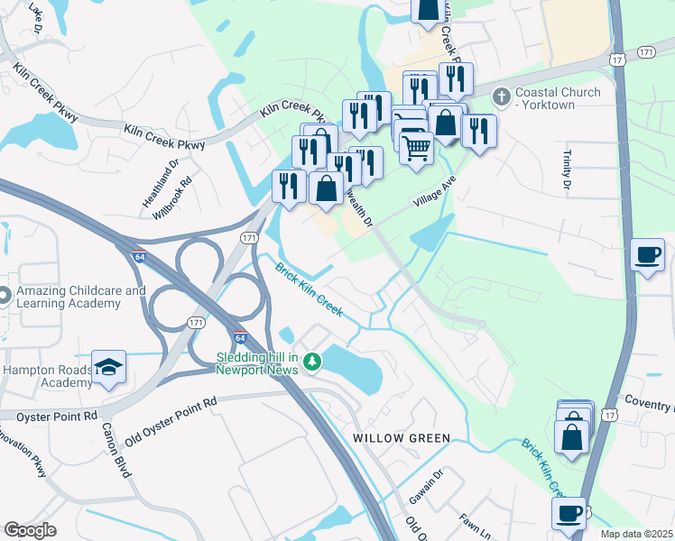 map of restaurants, bars, coffee shops, grocery stores, and more near 941 Ivystone Way in Newport News