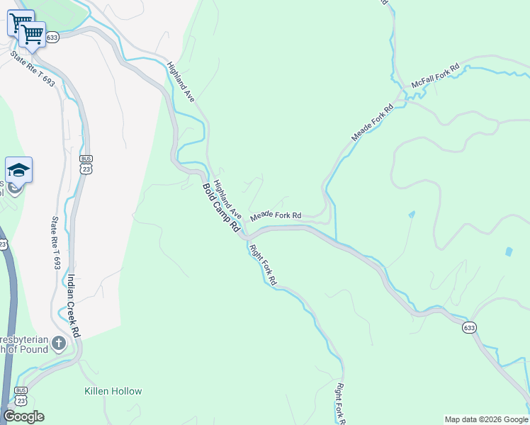 map of restaurants, bars, coffee shops, grocery stores, and more near 10815 Meade Fork Road in Pound
