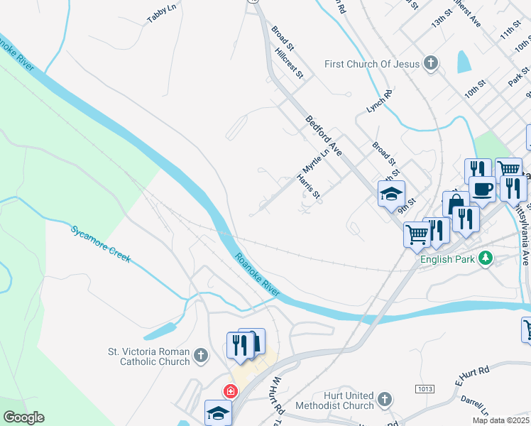map of restaurants, bars, coffee shops, grocery stores, and more near 301 Myrtle Lane in Altavista