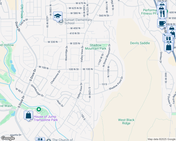 map of restaurants, bars, coffee shops, grocery stores, and more near 93 North 1250 West in Saint George