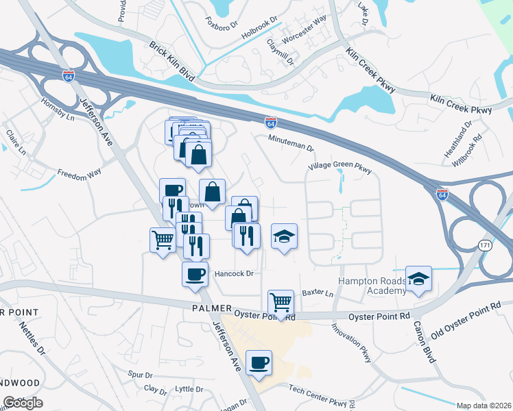 map of restaurants, bars, coffee shops, grocery stores, and more near 629 River Bend Court in Newport News
