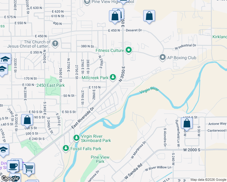 map of restaurants, bars, coffee shops, grocery stores, and more near 352 East Riverside Drive in St. George