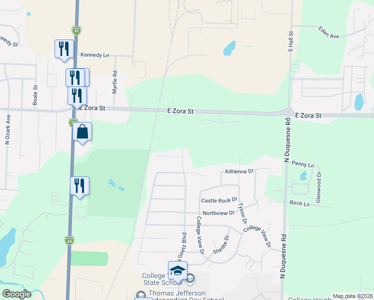 map of restaurants, bars, coffee shops, grocery stores, and more near N Goetz Blvd in Joplin