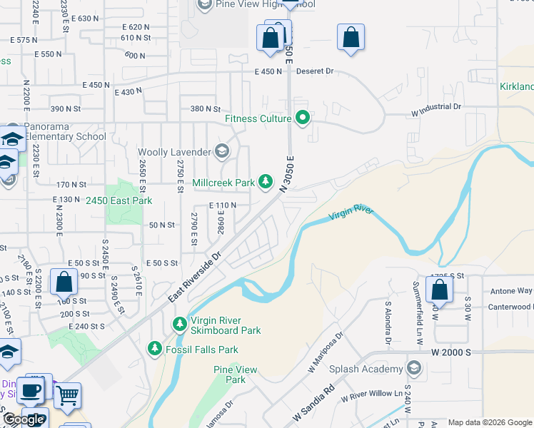 map of restaurants, bars, coffee shops, grocery stores, and more near 2990 East Riverside Drive in St. George