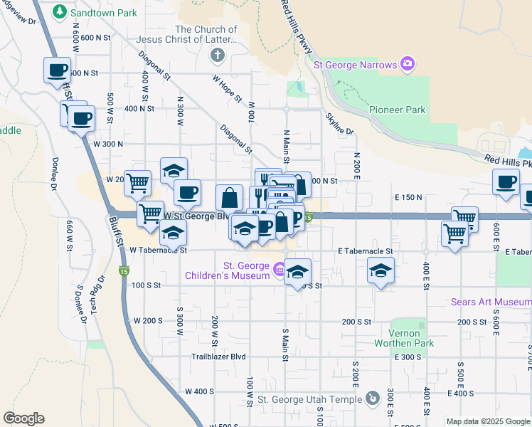 map of restaurants, bars, coffee shops, grocery stores, and more near 60 Utah 34 in St. George