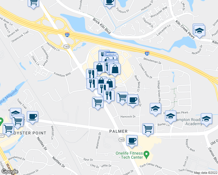 map of restaurants, bars, coffee shops, grocery stores, and more near Roger Brown Dr in Newport News