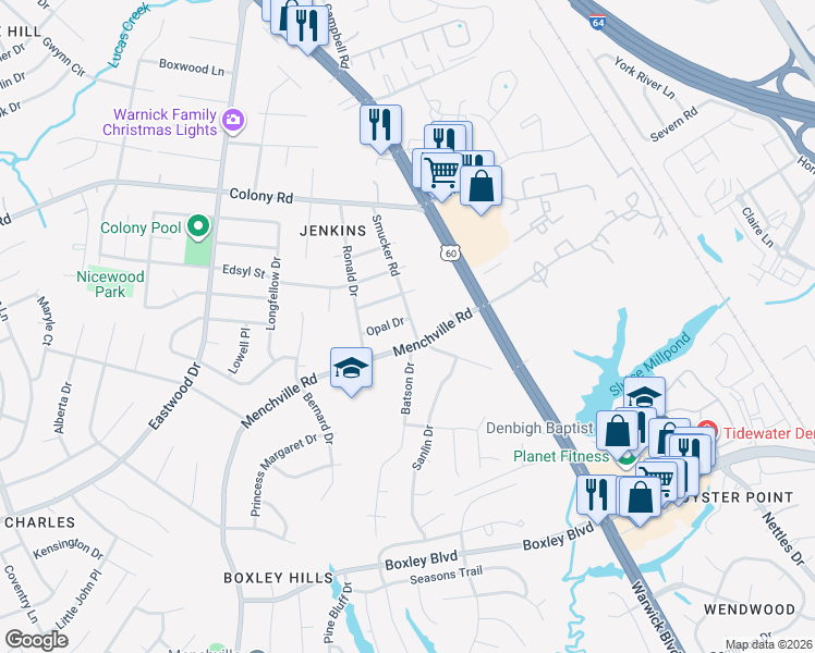 map of restaurants, bars, coffee shops, grocery stores, and more near 6 Smucker Road in Newport News