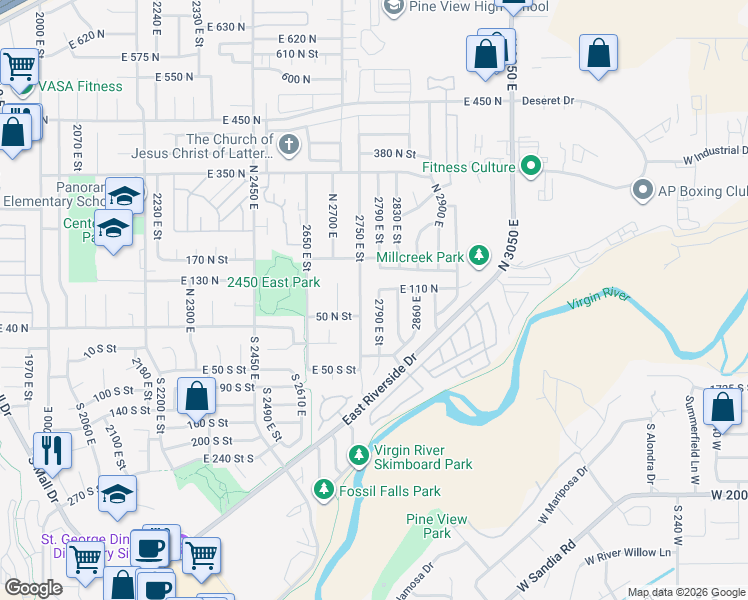 map of restaurants, bars, coffee shops, grocery stores, and more near 86 North 2790 East in St. George
