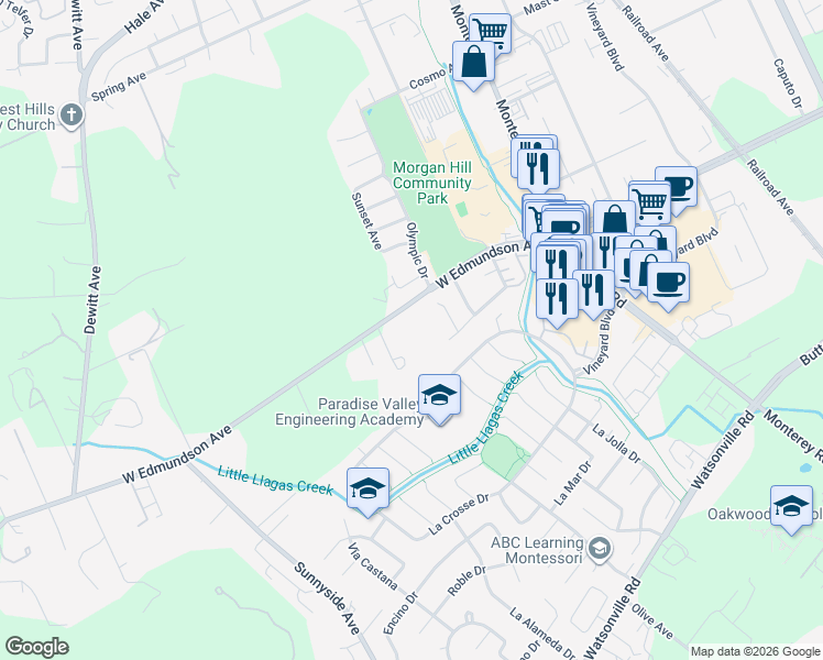 map of restaurants, bars, coffee shops, grocery stores, and more near 400 West Edmundson Avenue in Morgan Hill