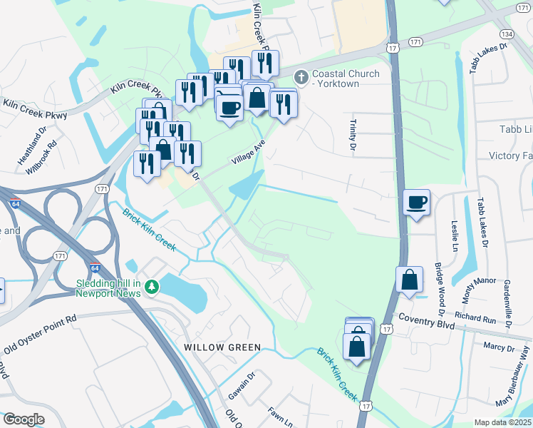 map of restaurants, bars, coffee shops, grocery stores, and more near 123 Mainsail Loop in Tabb