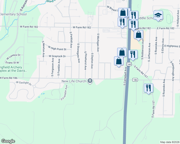 map of restaurants, bars, coffee shops, grocery stores, and more near 5748 South Dayton Avenue in Springfield