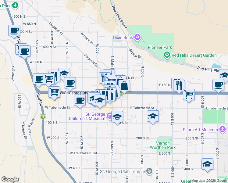 map of restaurants, bars, coffee shops, grocery stores, and more near 5 E St George Blvd in St George