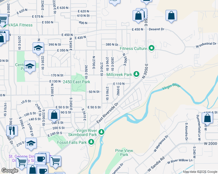 map of restaurants, bars, coffee shops, grocery stores, and more near 86 North 2790 East in St. George