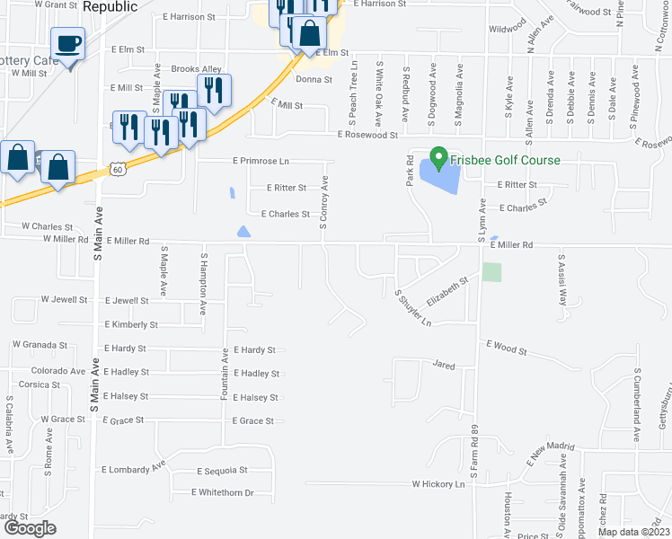 map of restaurants, bars, coffee shops, grocery stores, and more near 630 South Conroy Avenue in Republic