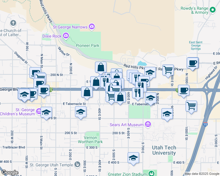 map of restaurants, bars, coffee shops, grocery stores, and more near 401 East Saint George Boulevard in St. George