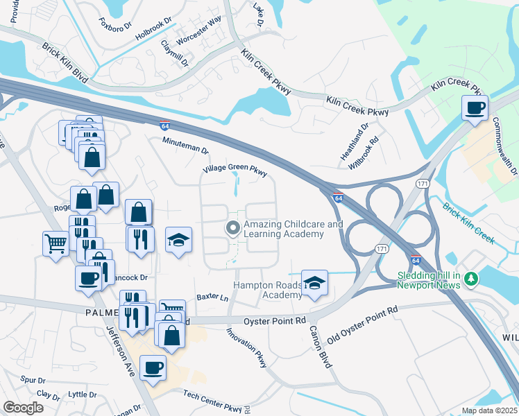 map of restaurants, bars, coffee shops, grocery stores, and more near 707 Plymouth Circle in Newport News
