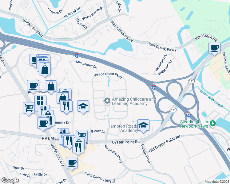map of restaurants, bars, coffee shops, grocery stores, and more near 715 Plymouth Circle in Newport News