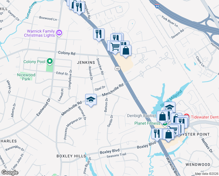 map of restaurants, bars, coffee shops, grocery stores, and more near 6 Smucker Road in Newport News