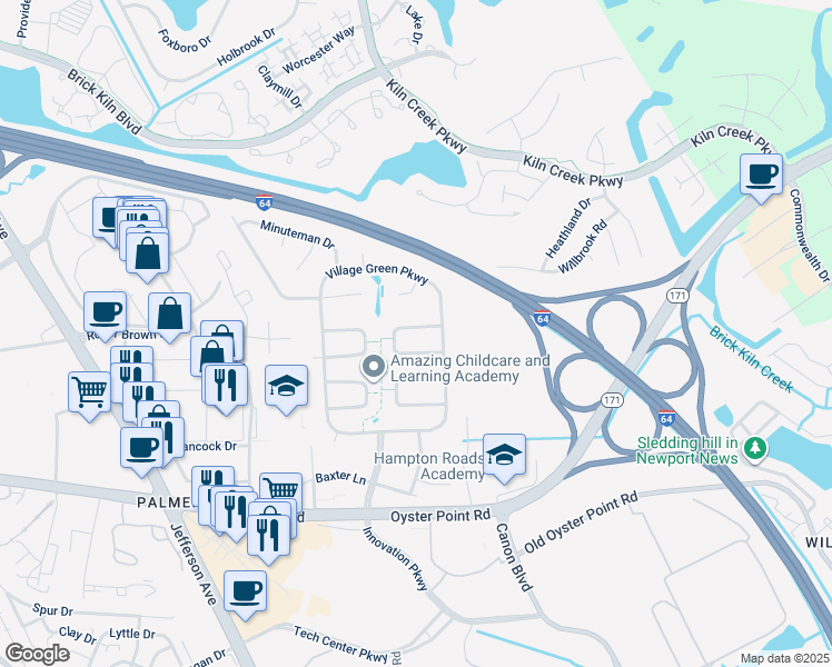 map of restaurants, bars, coffee shops, grocery stores, and more near 707 Plymouth Circle in Newport News