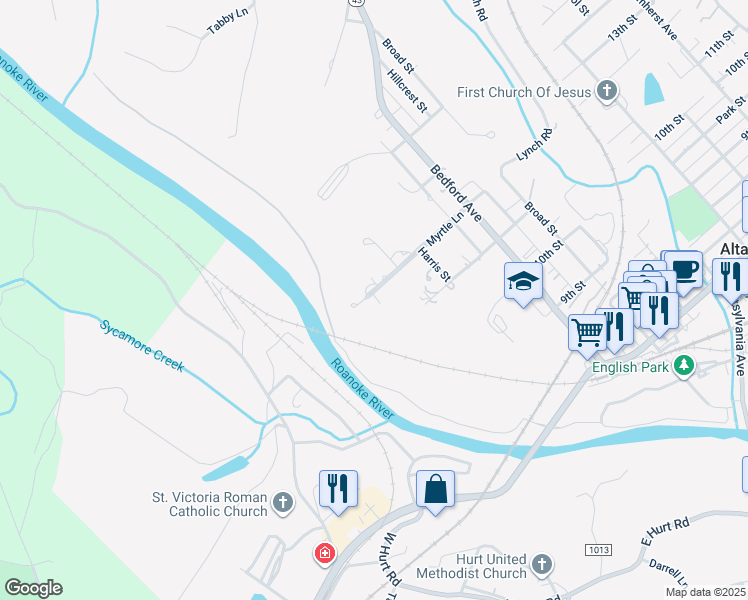 map of restaurants, bars, coffee shops, grocery stores, and more near 301 Myrtle Lane in Altavista