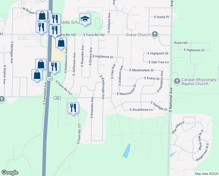 map of restaurants, bars, coffee shops, grocery stores, and more near 5725 South Clay Avenue in Springfield
