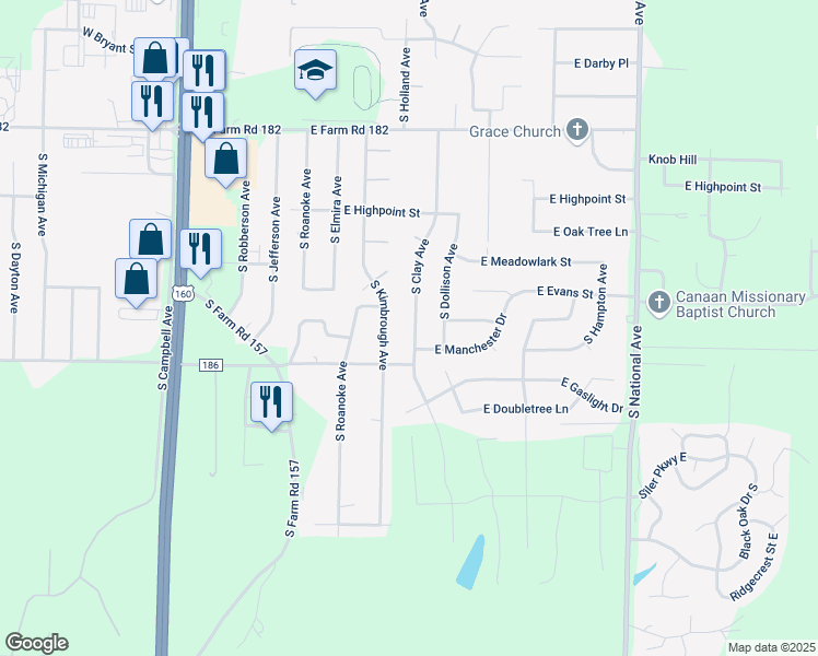 map of restaurants, bars, coffee shops, grocery stores, and more near 5725 South Clay Avenue in Springfield