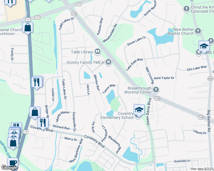 map of restaurants, bars, coffee shops, grocery stores, and more near 111 Lance Way in Yorktown