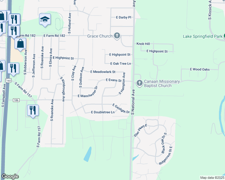 map of restaurants, bars, coffee shops, grocery stores, and more near 1054 East Mentor Street in Springfield