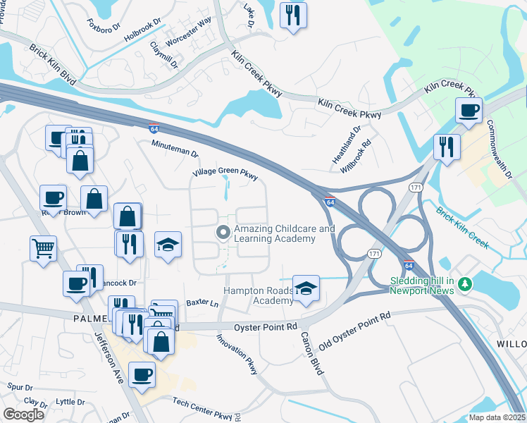 map of restaurants, bars, coffee shops, grocery stores, and more near 701 Plymouth Circle in Newport News
