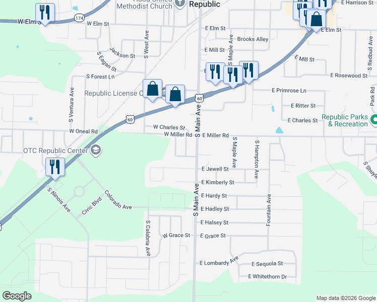 map of restaurants, bars, coffee shops, grocery stores, and more near 662 Rilynn Avenue in Republic
