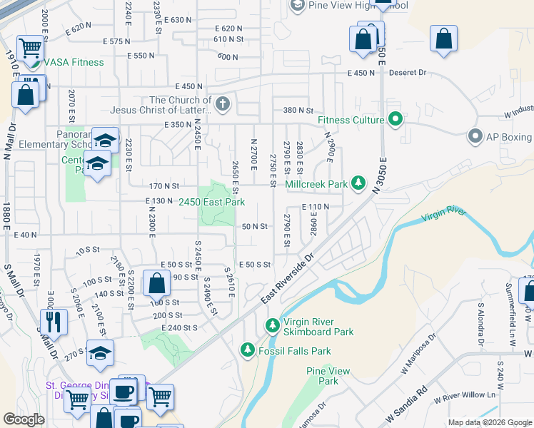 map of restaurants, bars, coffee shops, grocery stores, and more near 81 North 2750 East in St. George
