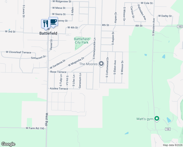 map of restaurants, bars, coffee shops, grocery stores, and more near 5749 S Honeysuckle Ln in Battlefield