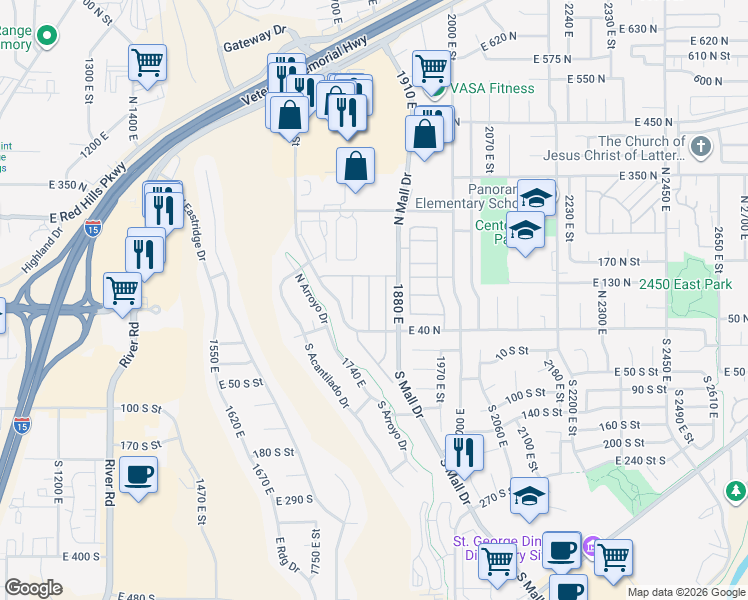 map of restaurants, bars, coffee shops, grocery stores, and more near 145 North Mall Drive in St. George