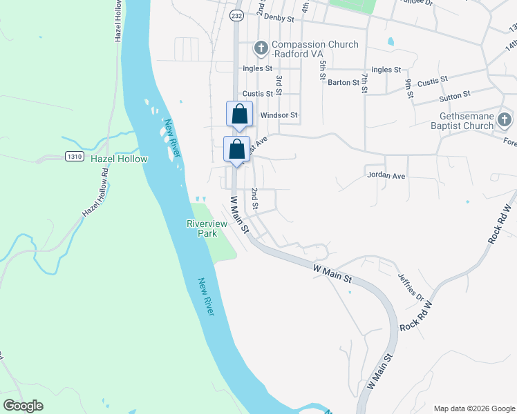 map of restaurants, bars, coffee shops, grocery stores, and more near 2436 2nd Street in Radford