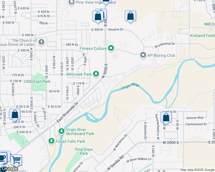 map of restaurants, bars, coffee shops, grocery stores, and more near 150 North 3050 East in St. George