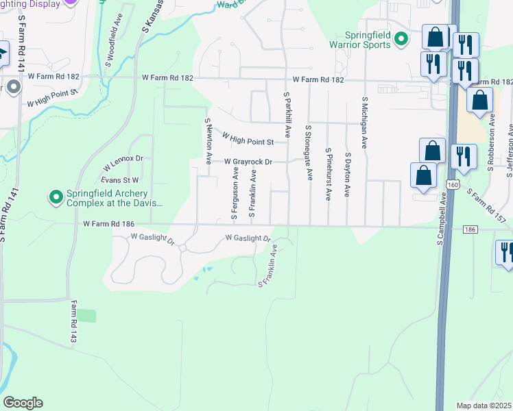 map of restaurants, bars, coffee shops, grocery stores, and more near 5748 South Franklin Avenue in Springfield