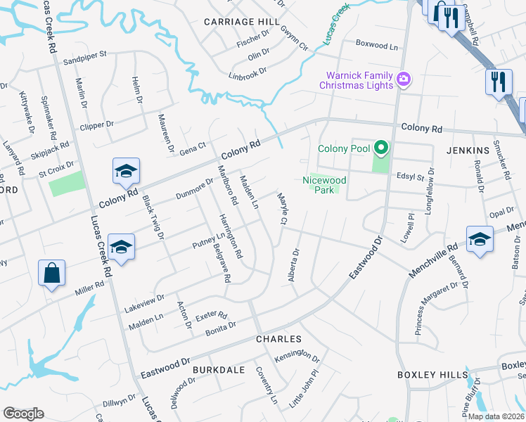 map of restaurants, bars, coffee shops, grocery stores, and more near 347 Malden Lane in Newport News