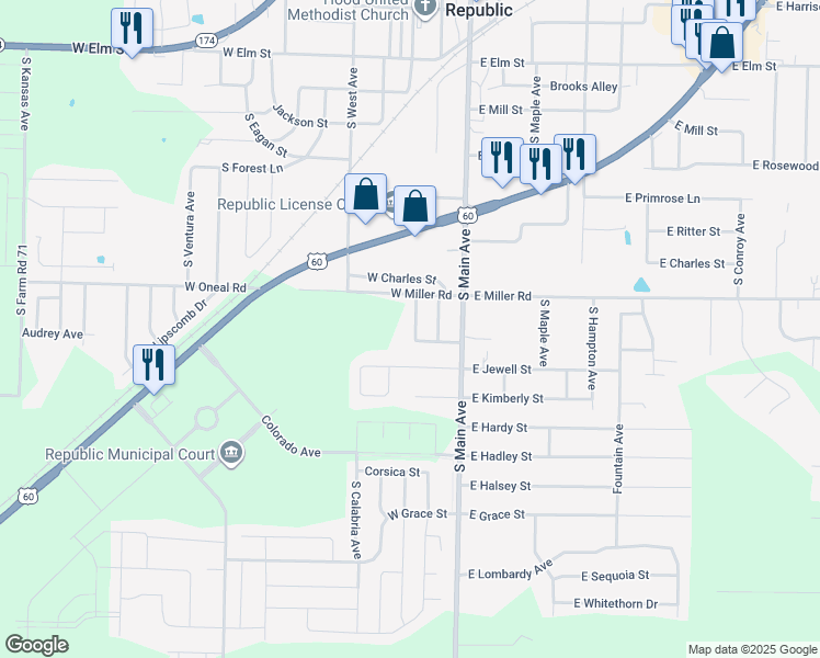 map of restaurants, bars, coffee shops, grocery stores, and more near 659 South Landen Avenue in Republic