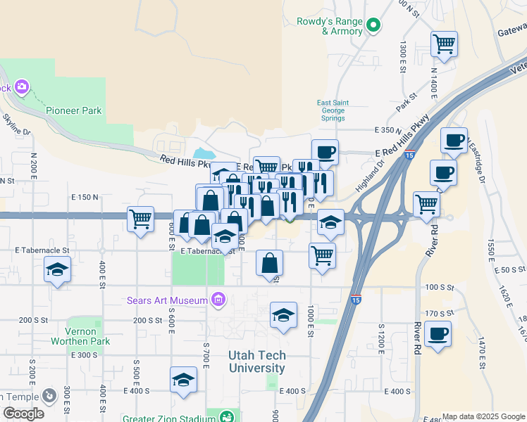 map of restaurants, bars, coffee shops, grocery stores, and more near 863 East Saint George Boulevard in St. George