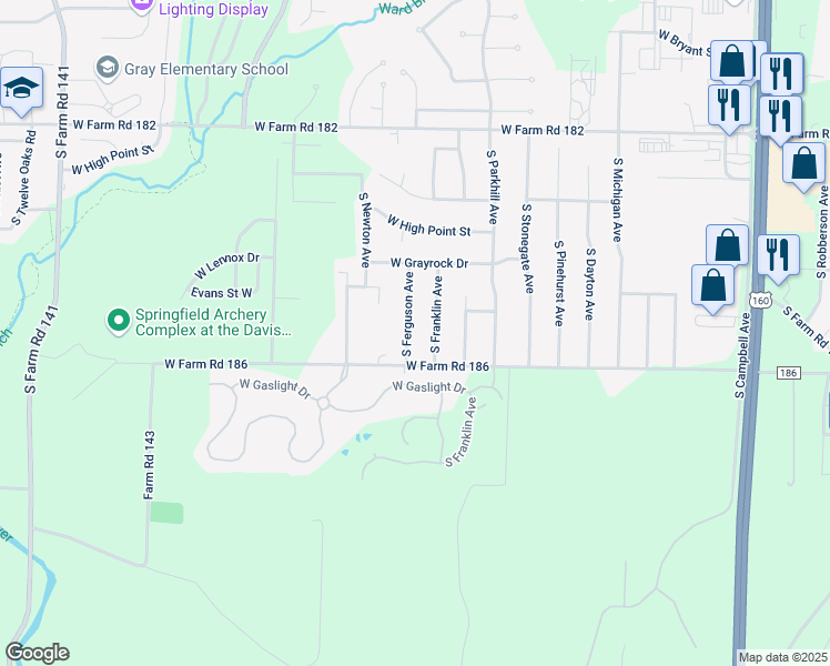 map of restaurants, bars, coffee shops, grocery stores, and more near 5759 South Ferguson Avenue in Springfield